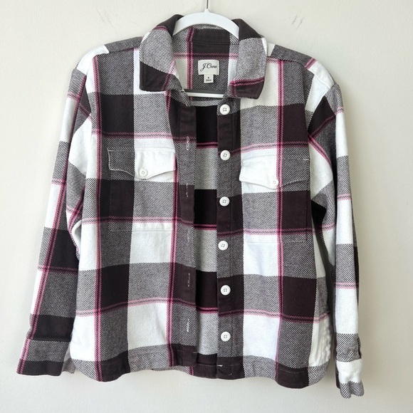 J. Crew Relaxed Flannel Shirt Jacket Shacket in Buffalo Check Brown Pink - Picture 1 of 8